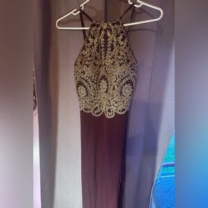 Blondie Nites Gold and Brown Halter Dress